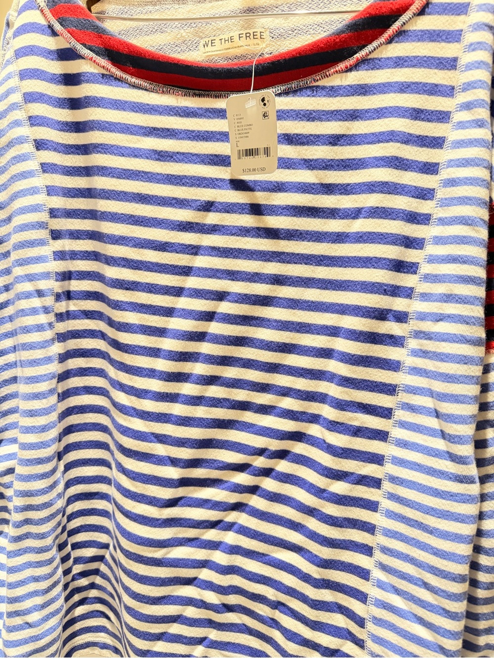 We The Free Blue & Cream Striped Long Sleeve Crew Top with Red Trim